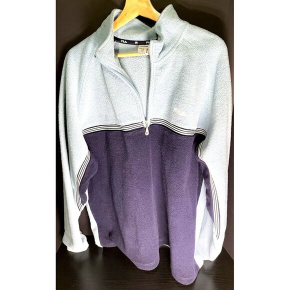 Fila Mens XL 1/4 Zip Pullover Fleece Jacket Light Blue & Navy Striped Trim Polye - Picture 1 of 4
